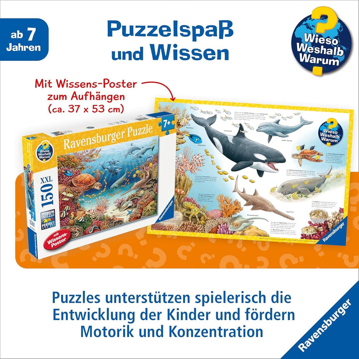 Ravensburger children's puzzle 13411 - Creaturi marine pe reciful de corali - De ce? De ce? De ce? Puzzle 150 piese XXL + poster de cunoștințe, pentru copii de la 7 ani