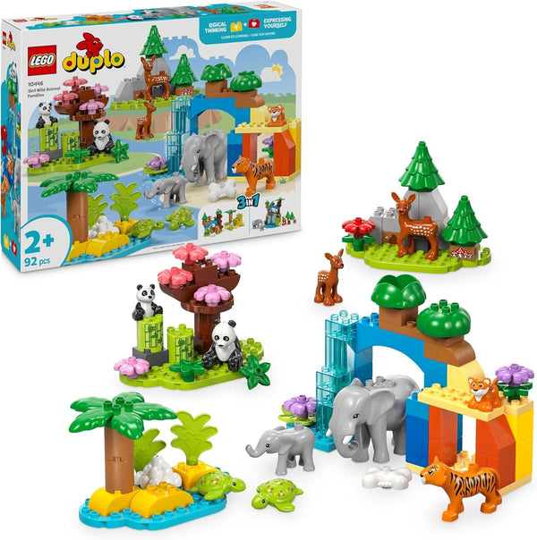 Set LEGO DUPLO Town Wild Animal Families 3-in-1, jucărie educativă pentru copii mici cu țestoase, tigri, elefanți, căprioare, panda, set pentru preșcolari de la 2 ani, jucărie de construit cu figuri de animale 10446