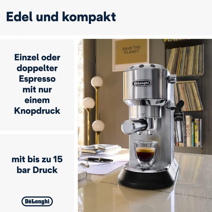 De'Longhi Dedica Style EC 685.M - Mașină espresso portafilter, mașină espresso cu spumă de lapte profesională, doar 15 cm lățime, pentru cafea pudră sau doze ESE, rezervor de apă de 1 litru, argintiu