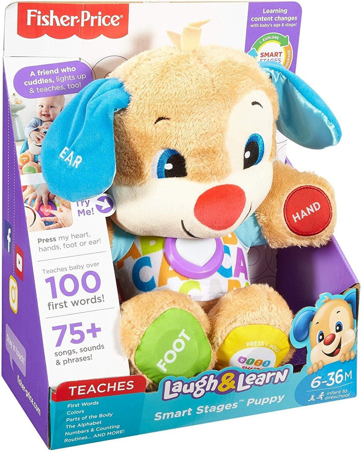 Câine distractiv de învățare Fisher-Price cu trei niveluri | jucărie de pluș vorbitoare cu muzică ca jucărie pentru copii și jucărie pentru bebeluși | ursuleț de pluș interactiv, versiune: UK-English , FPM43 Jucarii Bebe Naty Shop
