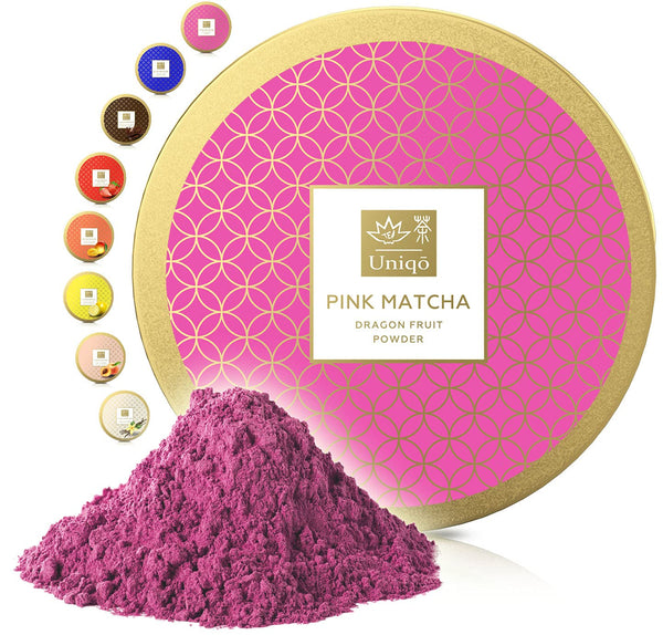 Tea Uniqo - Ceai Matcha roz pudră - Ideal pentru înghețată, latte, shake-uri, coacere sau gătit - Pudră de fructul dragonului Pitaya, 100% natural, fără aditivi, în cutie resigilabilă
