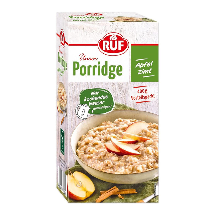 RUF Porridge Apple Cinnamon, cu fulgi de ovăz integral, aromă fină de scorțișoară și bucăți de mere uscate, 400 grame