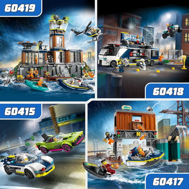 LEGO City Car Chase cu mașină de poliție și mașină cu mușchi, tren de jucărie cu 2 mașini de curse, cadou de poliție pentru copii, băieți și fete de la 6 ani, set cu polițist și minifigurine Ganovin 60415