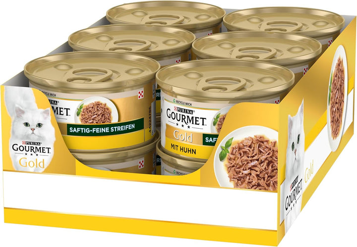 Gourmet Gold Juicy Fine Strips, hrană umedă pentru pisici, cu pui, 12Pack (12 X 85G)