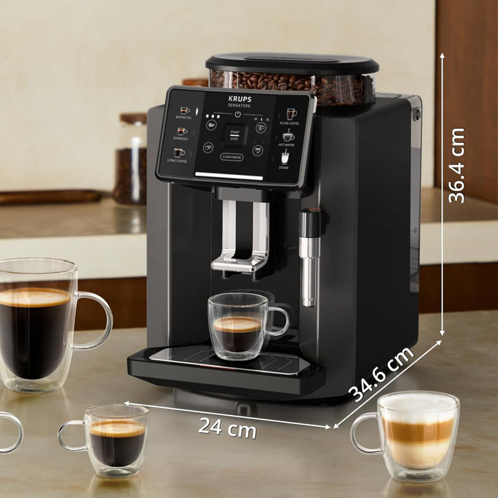 Aparat de cafea complet automat Krups Sensation, duză de spumare a laptelui, 5 băuturi, funcție de cafea cu filtru, funcție de 2 cești, filtru de cafea, negru, EA910810