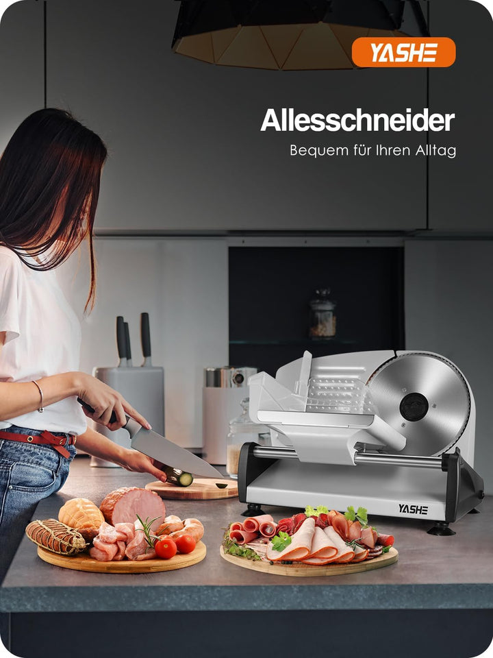 YASHE SL-518 Elektrischer Allesschneider - 250W Brotschneidemaschine Mit Einstellbarer Dicke Von 0-15 Mm, 2 Abnehmbaren 19 Cm Edelstahlklingen, Sicherheitsverriegelung Und Saugfüßen