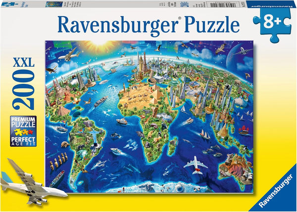 Ravensburger children's puzzle - 12722 Big, wide world - Puzzle harta lumii pentru copii de 8 ani și peste, cu 200 de piese în format XXL