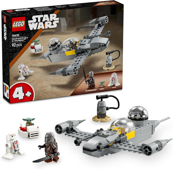 Jucărie LEGO Star Wars 75410 Mandos și Grogus N-1 Starfighter cu minifigurinele Mandalorian, Grogu și R5-D4, inclusiv coloană construibilă, set de pornire pentru nave stelare pentru băieți și fete de la 4 ani