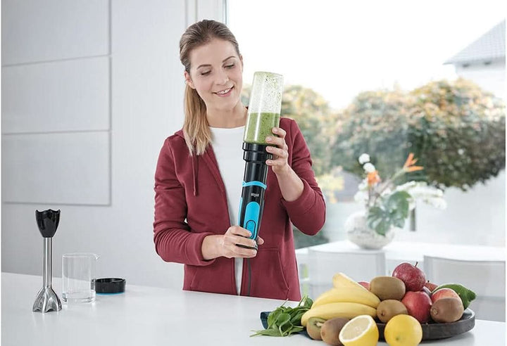 Braun Stabmixer MQ 5252 - Multiquick 5 Vario Fit Pürierstab Mit Edelstahl Mixfuß Und Blend & Go Aufsatz Für Smoothies Für Unterwegs, 750-1000 Watt, Schwarz/Blau