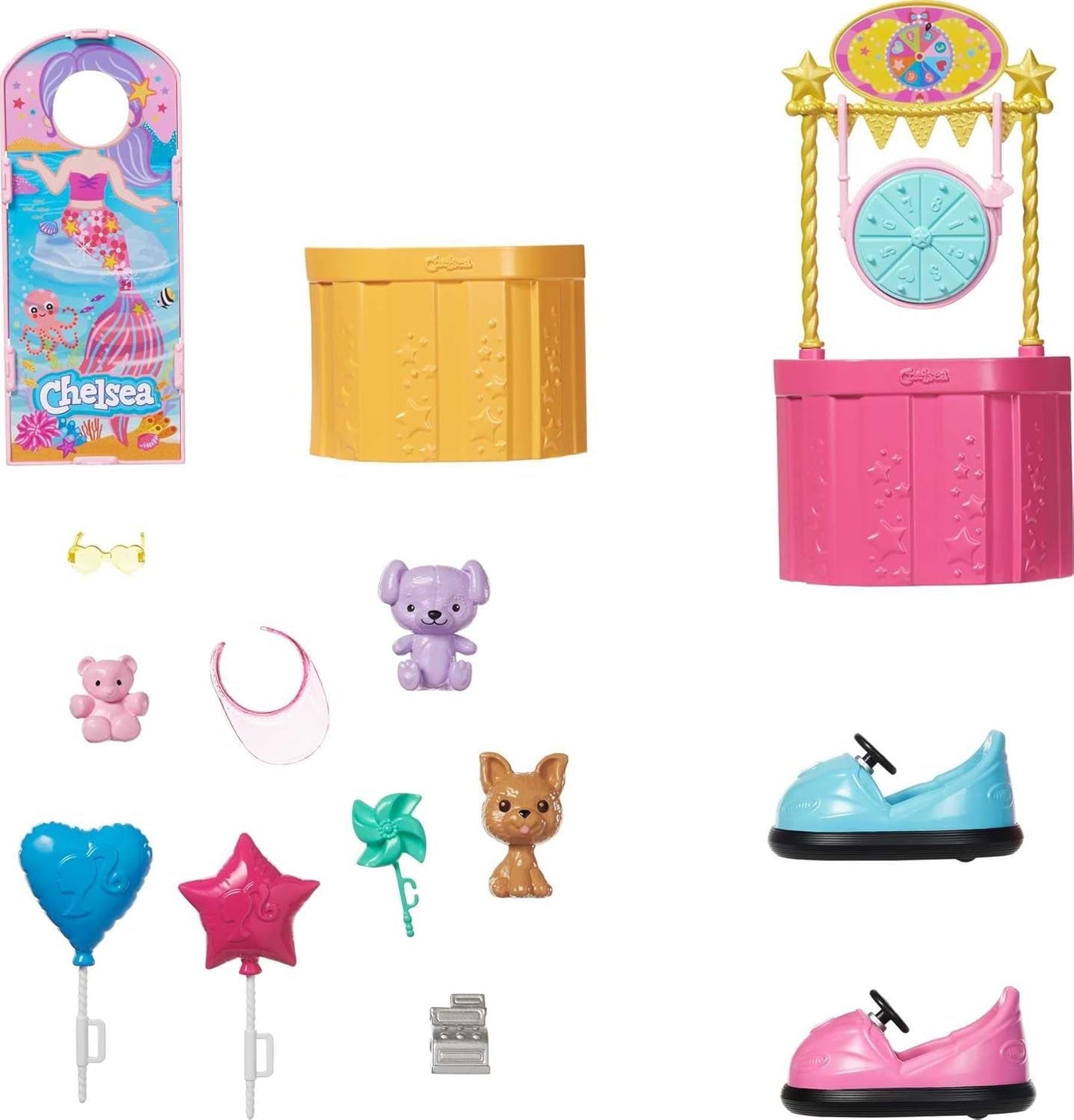 Barbie GHV82 - Chelsea Fairground Playset Cu Păpușă, Aprox. 15 Cm, Blondă, Cu Modă Și Accesorii, Cu Roată Ferris, Mașini Bumper, Pui Și Mai Mult, Jucărie Cadou Pentru Copii De La 3 La 7 Ani Papusi Naty Shop