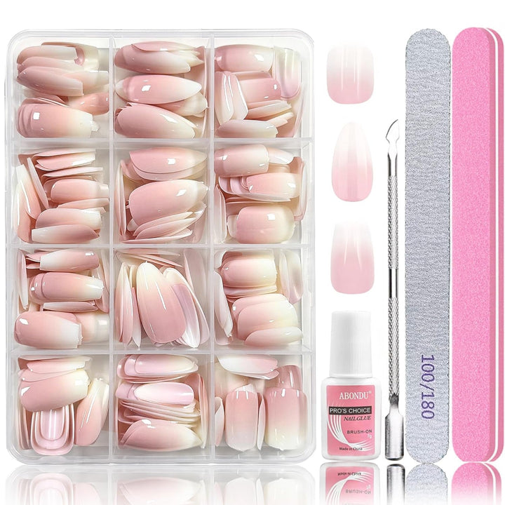 Set 288 bucăți unghii false Ombre Press-on - Kit unghii false artificiale Almond Square Medium Coffin - 3 stiluri gradient cu lipici pentru unghii acrilice pentru femei (Set gradient, 288 bucăți)