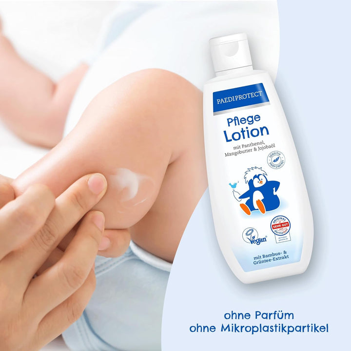 PAEDIPROTECT loțiune de îngrijire pentru bebeluși și copii 200 ml, loțiune de îngrijire cu pantenol, îngrijire hidratantă cu ulei de jojoba și unt de mango, pentru pielea sensibilă și uscată a bebelușilor și copiilor, loțiune vegană