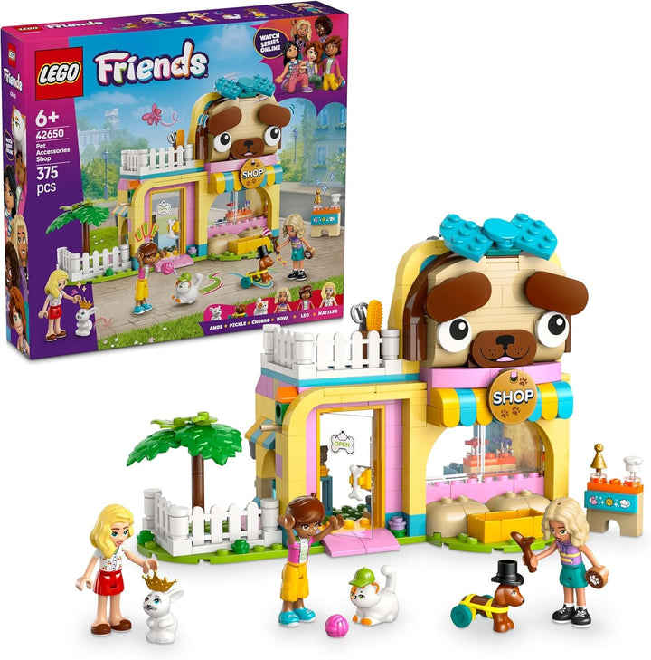 Magazin de accesorii pentru animale LEGO Friends, set de joacă pentru jocuri de rol, jucărie educativă pentru fete de la 6 ani, 3 minifigurine și 3 figuri de animale, pisică, câine și iepuraș, idee de cadou pentru copii 42650