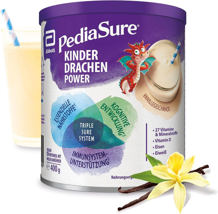 Pediasure Kinder Drachen Power Vanille 400G| Leckerer Nahrungsergänzungsshake Für Kinder Ab 1 Jahr|Mit 27 Vitaminen & Mineralien, Protein Und Triplesure Komplex|Verpackung Kann Variieren