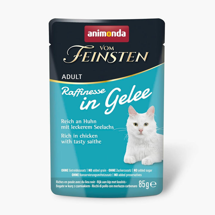 Animonda Vom Feinsten Adult Raffinesse Hrană pentru pisici în jeleu cu pui și carne de vită (24 X 85 G), hrană umedă cu taurină și vitamina D3, fără adaos de soia, zahăr și conservanți