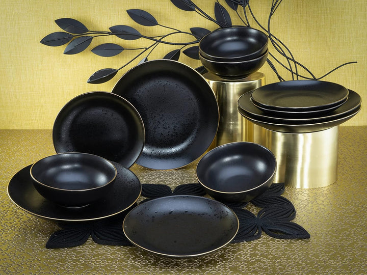 Creatable, 22707, Serie Industrial Gold BLACK, 12-Teiliges Geschirrset, Teller Set Aus Steinzeug, Spülmaschinen- Und Mikrowellengeeignet, Qualitätsproduktion