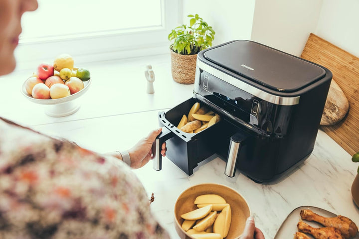 SEVERIN Doppel Heißluftfritteuse Mit 2 X 3,8 L Garraum, XXL Heißluftfritteuse Für Gesundes Kochen, 8 Automatik-Programme, Fritteuse Ohne Fett Mit Dörrfunktion, 2850 W, Schwarz/Silber, FR 2453