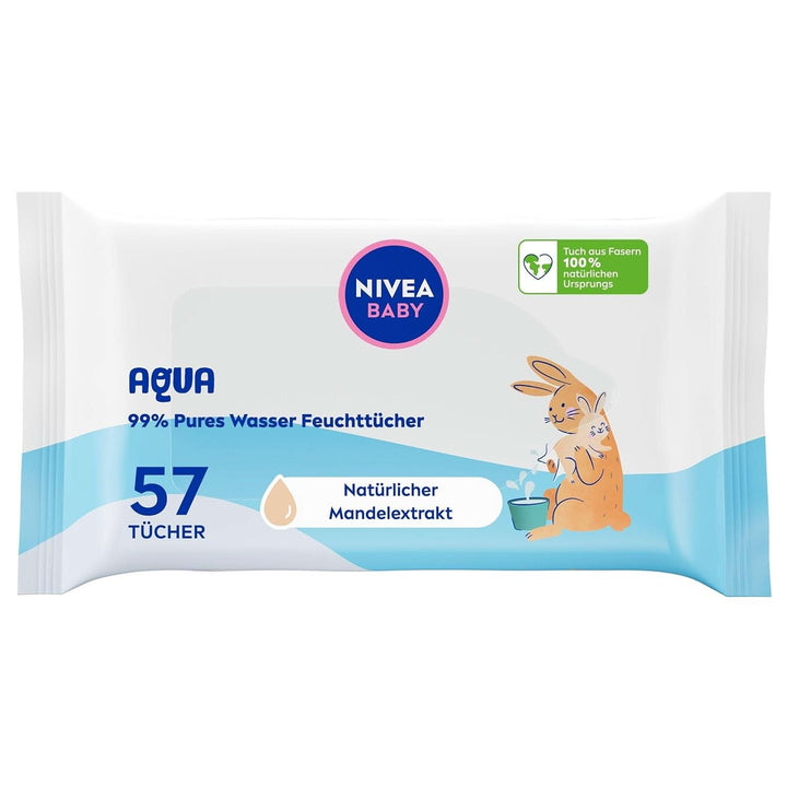 NIVEA Baby AQUA Feuchttücher, Baby Feuchttücher Zur Sanften Reinigung Empfindlicher Haut, Hypoallergene Und Parfümfreie Feuchttücher Für Babys Mit 99% Wasser (1 X 57 Stück)