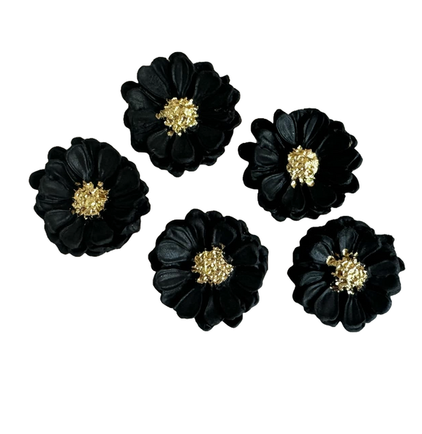 Lot de 5 décorations comestibles en pâte à sucre, Fleurs noir-doré