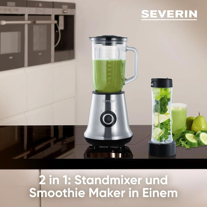 SEVERIN Multimixer, 2-In-1 Stand Mixer Und Smoothie Maker Mit 1 L Glas-Mixbehälter Und Trinkbecher, Küchenmixer Mit 2 Stufen Und Pulse-Funktion, 500 W, Edelstahl/Schwarz, SM 3737