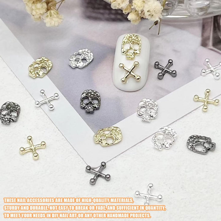 Set de decorațiuni pentru unghii cu craniu în formă de cruce, 120 de piese, brelocuri pentru unghii din metal auriu-argintiu, bijuterii din aliaj punk pentru manichiură, accesorii cu pietre strălucitoare