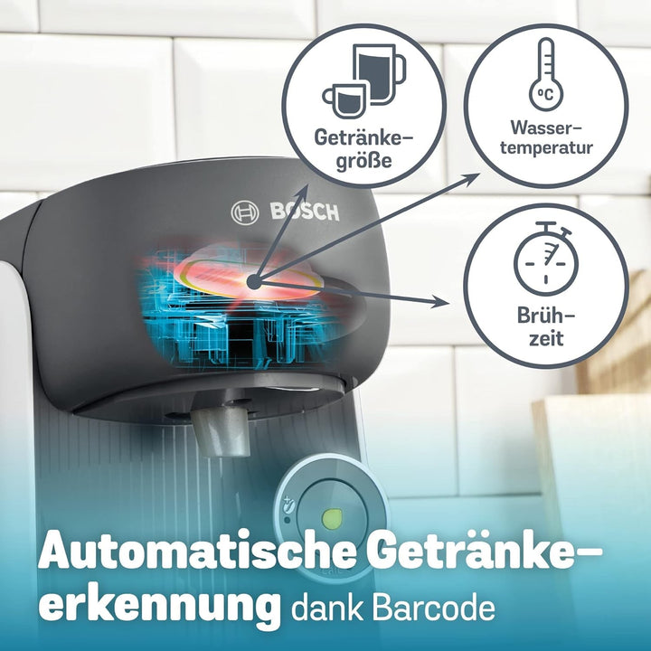 Mașină de cafea cu capsule Bosch Tassimo Finesse TAS16B4 Mașină de cafea By, 70 de băuturi, cafea mai intensă la apăsarea unui buton, oprire automată, dozare perfectă, economie de spațiu, 1400 W, 0,7L, alb / gri închis