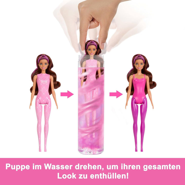Păpușă Barbie Colour Reveal și accesorii, seria balerină, 6 surprize de desfăcut, inclusiv schimbarea culorii, inspirată de tendința principală de balet (stilurile pot varia), HRK17
