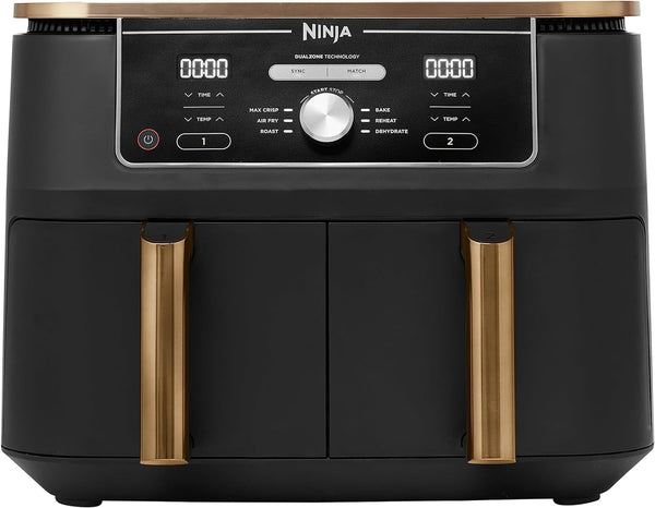 Ninja Foodi MAX Dual Zone Heißluftfritteuse, 9,5L Airfryer, 2 Fächer, Mit Zange, Antihaftbeschichtung, Spülmaschinenfeste Körbe, 6-In-1, Amazon Exklusiv, Kupfer/Schwarz, AF400EUCP