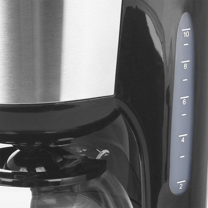 Emerio CME-122933, Cafetieră cu filtru, 1,25 l pentru până la 10 cești de cafea proaspătă, filtru permanent detașabil, funcție anti-picurare, cafetieră din sticlă, oprire automată, 1000 wați, negru/argintiu