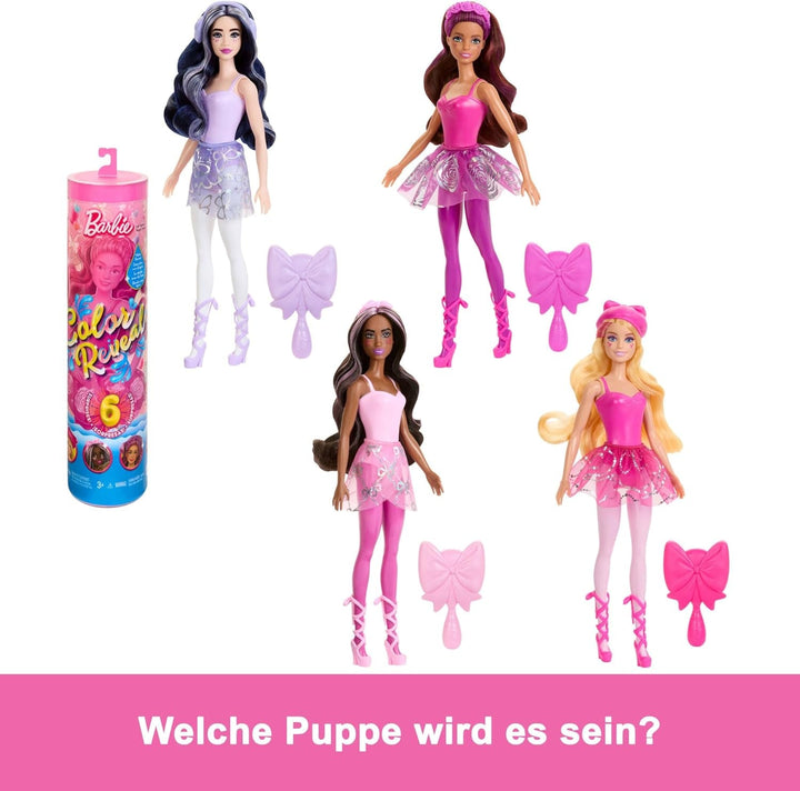Păpușă Barbie Colour Reveal și accesorii, seria balerină, 6 surprize de desfăcut, inclusiv schimbarea culorii, inspirată de tendința principală de balet (stilurile pot varia), HRK17