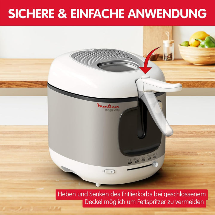 AM4800 Mega 2Kg Fritteuse | Fritteuse Mit Öl | Anti-Geruchs-Filter | Regelbare Temperatur | Leichte Reinigung | Knusprige Pommes | 1.800 Watt | Für Bis Zu 8 Personen | Weiß/Silber | Gross