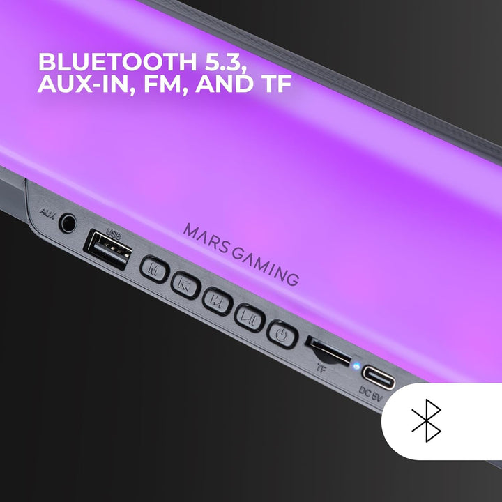 Mars Gaming MSB-ORB, Tragbarer Lautsprecher + Soundbar 20W, Orbilight RGB 360° Beleuchtung, Soundbar Mit Triple-Driver-System, Gaming-Lautsprecher Bluetooth 5.3 / Usb/Microsd/Aux/Fm, Schwarz
