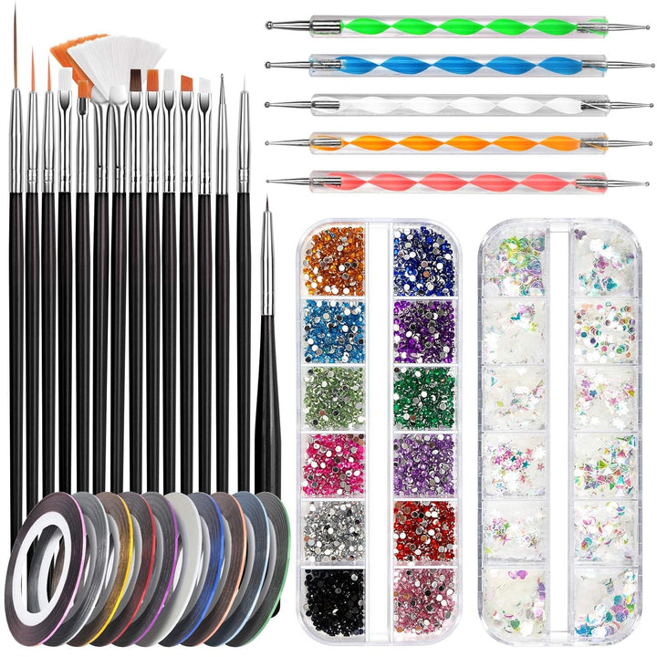FANDAMEI Nail Art Pinsel Set, 15 Stücke Pinsel Für Gelnägel Nagel Pinsel, 5 Stücke Dotted Pen, 10 Rolle Streifenband Nägel, Strasssteine Nägel, Ultra Dünn Nagel Pailletten Für Nagelkunst Maniküre Set