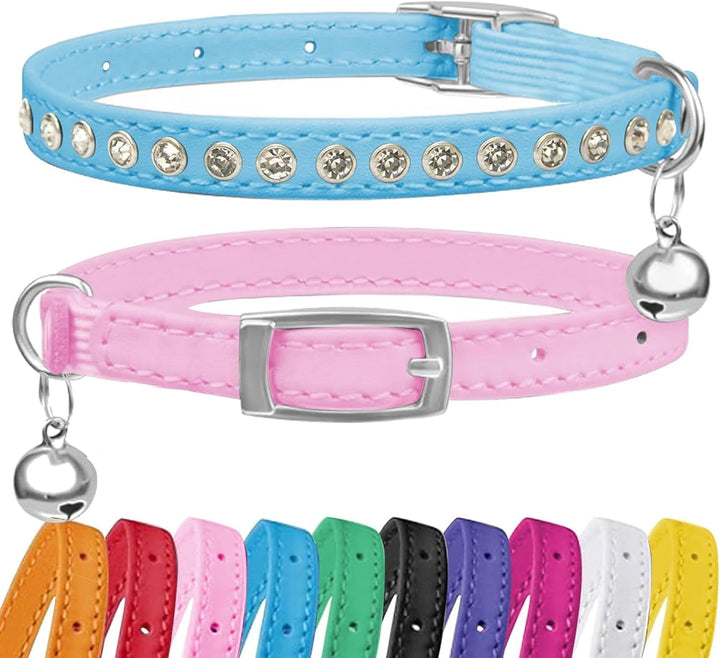 Zgardă pentru pisici Petinstinct, cu 2 piese, în formă de diamant, cu închidere elastică de siguranță și clopoțel, zgardă din piele PU pentru pisici, accesorii pentru pisici, dimensiune reglabilă de la 19 la 29 cm, violet și fuchsia