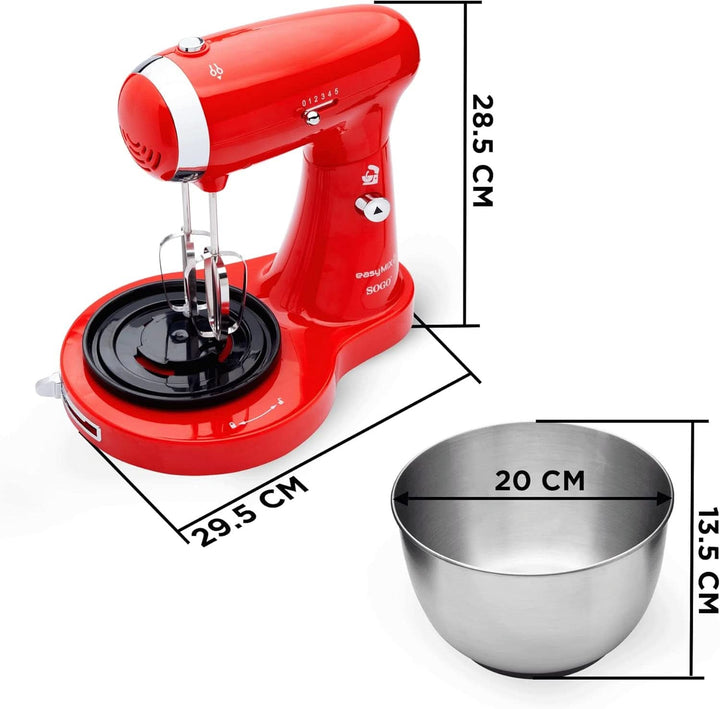 SS-14506 Küchenmaschine, Mixer Und Mixer 3-In-1 Mit Drehschüssel, Stäbchen Und Haken Zum Kneten Aus Edelstahl, 5 Geschwindigkeiten, 3,2 Liter (Rot)