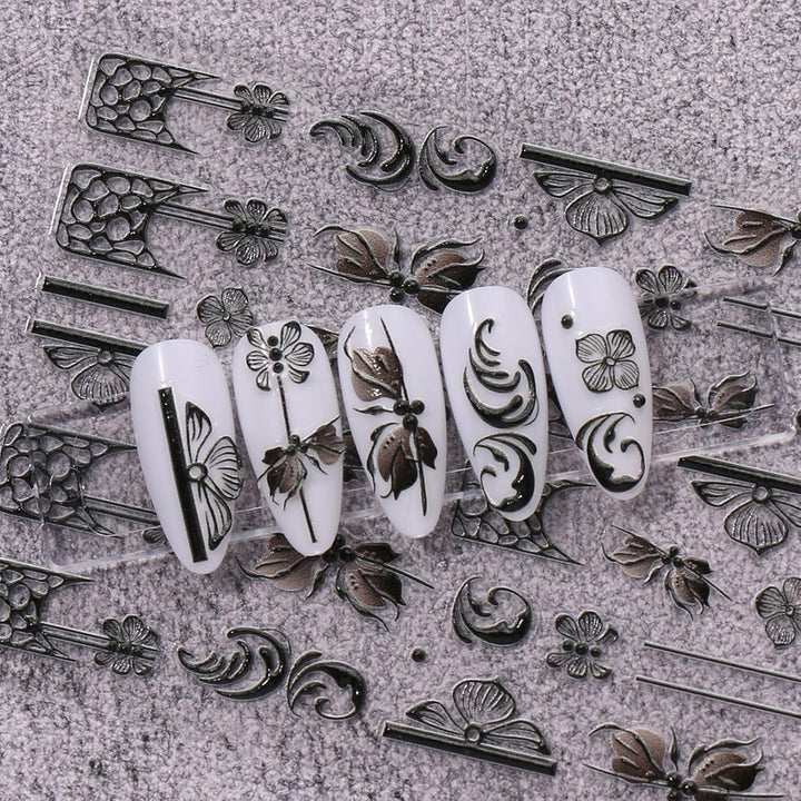 JMEOWIO 3D Nagelsticker Schwarz Weiß Blume Nail Art Sticker Selbstklebend Nagelaufkleber 5D Stereoskopisch Blumen Dekoration Nageldesign Zubehör 4 Blatt