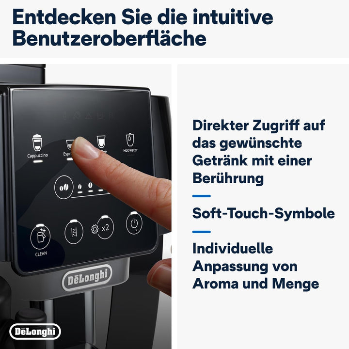 De'Longhi Magnifica Start ECAM222.60.BG, Mașină de cafea complet automată cu sistem de lapte latte crema pentru cappuccino automat, 4 butoane de selecție directă, panou de control soft-touch, funcție "X2", 1450W, negru/gri