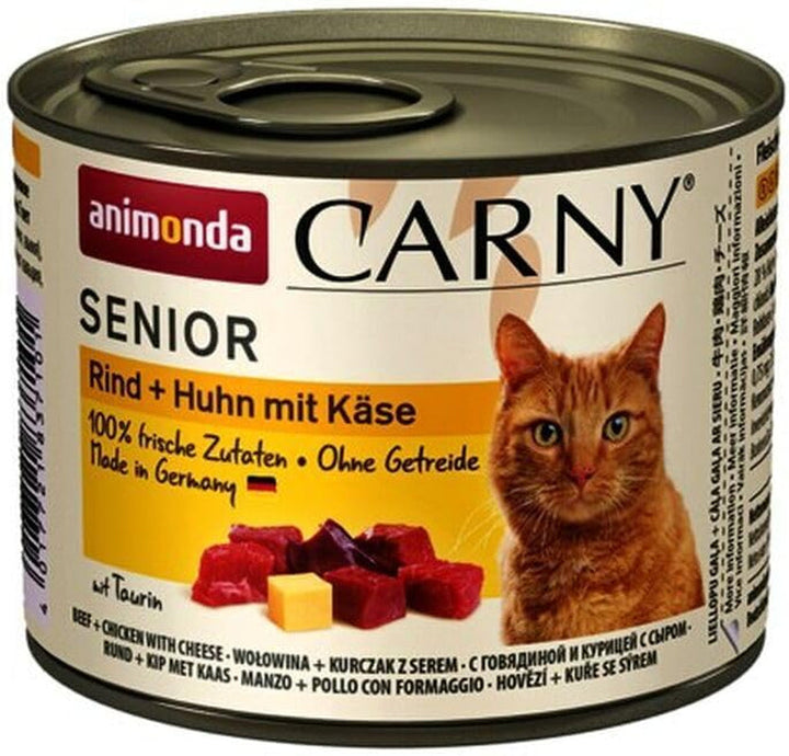 Carny Cat Wet Food Senior Beef + Chicken + Cheese (6 X 200G), hrană umedă pentru pisici de la Animonda fără cereale și zahăr pentru pisici de la 7 ani cu ingrediente proaspete și cărnoase