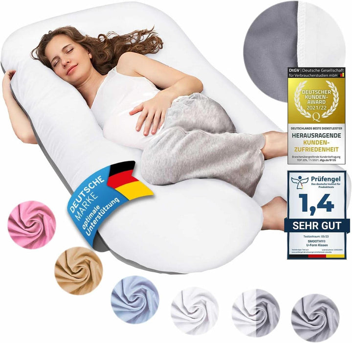 SMOOTHY XXL Schwangerschaftskissen Seitenschläferkissen, Lagerungskissen, Baby-Kissen & Stillkissen in U-Form Mit Abnehmbarem & Waschbarem Bezug Aus 100% Baumwolle (Classic XXL, 150 X 80 Cm, Pink)