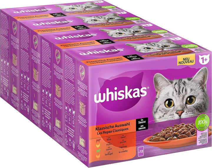 Whiskas 1 + Cat Food Poultry Selection in Jelly, 12X85G (4 pachete) - Hrană umedă de înaltă calitate pentru pisici adulte în 48 de plicuri