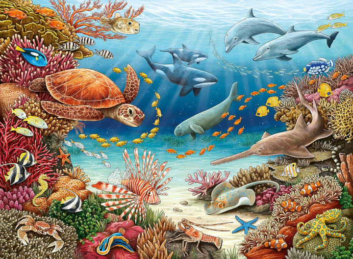 Ravensburger children's puzzle 13411 - Creaturi marine pe reciful de corali - De ce? De ce? De ce? Puzzle 150 piese XXL + poster de cunoștințe, pentru copii de la 7 ani