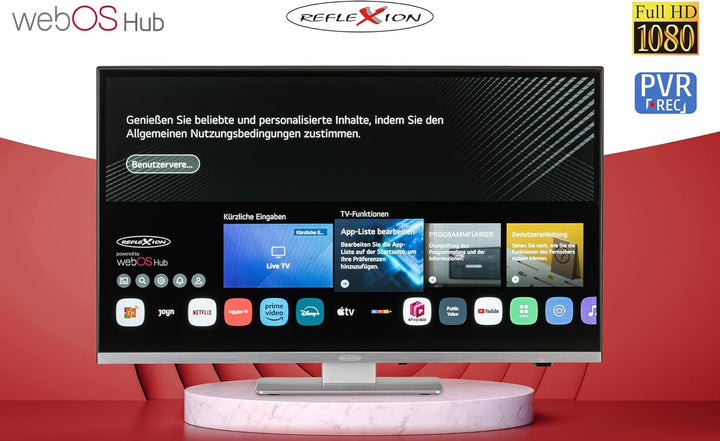 REFLEXION LDDX27IBT Smart LED Fernseher 27 Zoll / 69Cm, LG Weboshub, Wohnwagen/Wohnmobil/Camping/Caravan/Boot/Lkw TV, Slimline, 12/24/230 Volt, Full HD, Triple Tuner, Bluetooth, WLAN, Dvd-Player