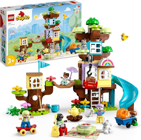LEGO 10993 DUPLO 3-In-1 Tree House Jucărie pentru copii mici de la 3 ani, fete și băieți cu 4 figuri, animale, jucărie de construcție cu blocuri de construcție și un tobogan, jucărie educativă