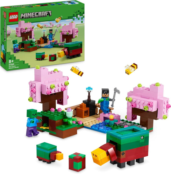 LEGO Minecraft Livada de cireși în floare, grădină de jucărie de explorat cu Sunny, Sniffer, Zombie și albine, cadou pentru gameri, pentru băieți și fete de la 8 ani 21260