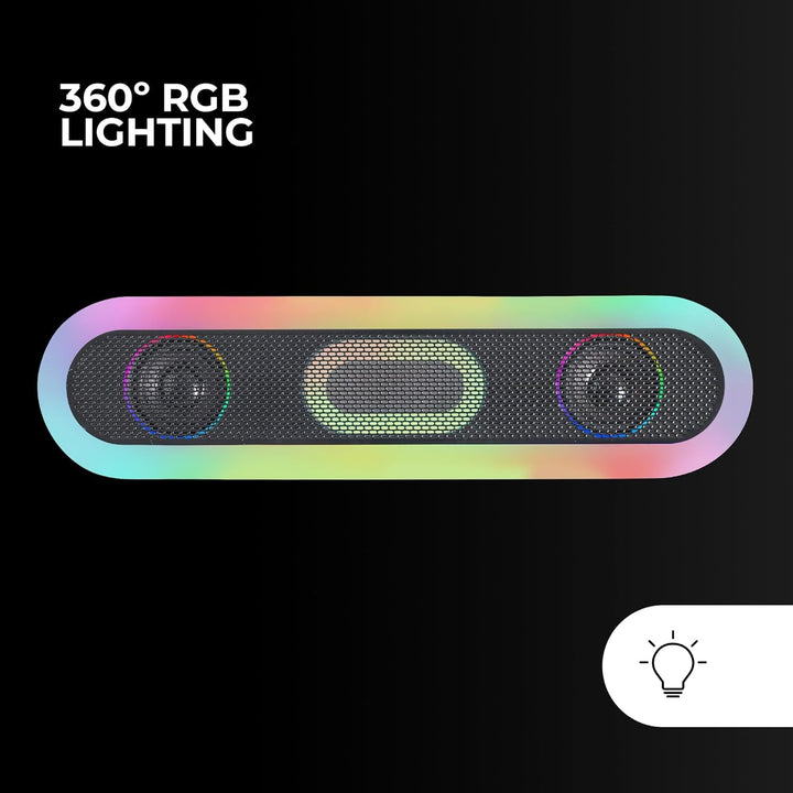 Mars Gaming MSB-ORB, Tragbarer Lautsprecher + Soundbar 20W, Orbilight RGB 360° Beleuchtung, Soundbar Mit Triple-Driver-System, Gaming-Lautsprecher Bluetooth 5.3 / Usb/Microsd/Aux/Fm, Schwarz