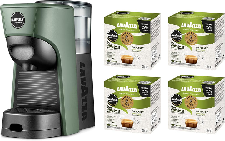 Lavazza, un aparat de cafea Modo Mio Tiny Eco Green cu 64 de capsule asortate, espressor fabricat din plastic reciclat, 1450 W, 220-240 V, 50/60 Hz, 0,6 litri