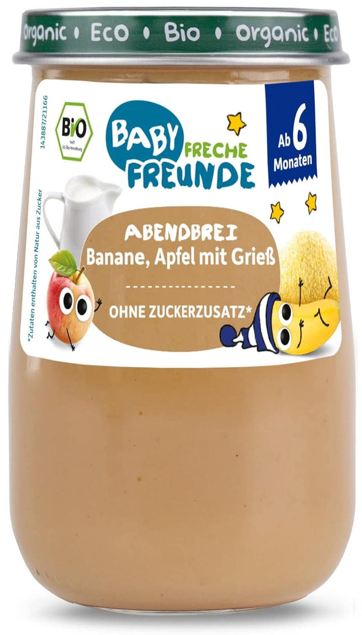 BABY FRECHE FREUNDE Bio Gläschen Abendbrei Banane, Apfel Mit Grieß Für Babys Ab 6 Monaten, Ohne Zuckerzusatz, 6 X 190G