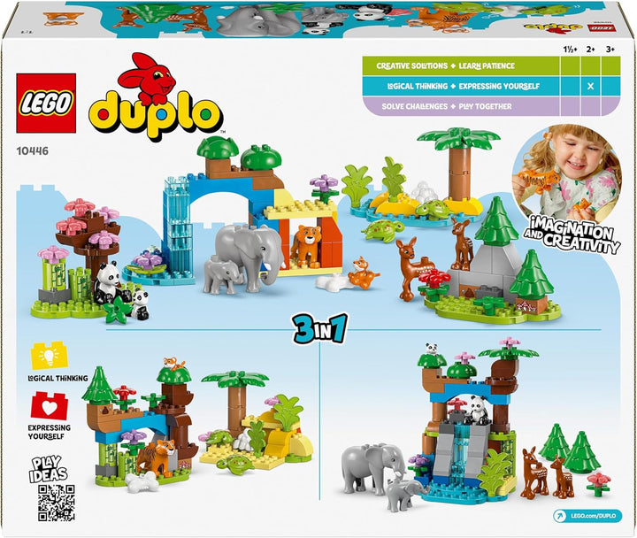 Set LEGO DUPLO Town Wild Animal Families 3-in-1, jucărie educativă pentru copii mici cu țestoase, tigri, elefanți, căprioare, panda, set pentru preșcolari de la 2 ani, jucărie de construit cu figuri de animale 10446