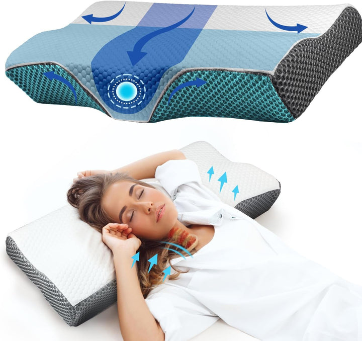 Pernă pentru dureri de gât, pernă ergonomică ortopedică pentru gât, pernă din spumă de memorie pentru părți, spate și abdomen, pernă anti-sforăit pentru bărbați femei (62 * 34.5 * 12/8CM)