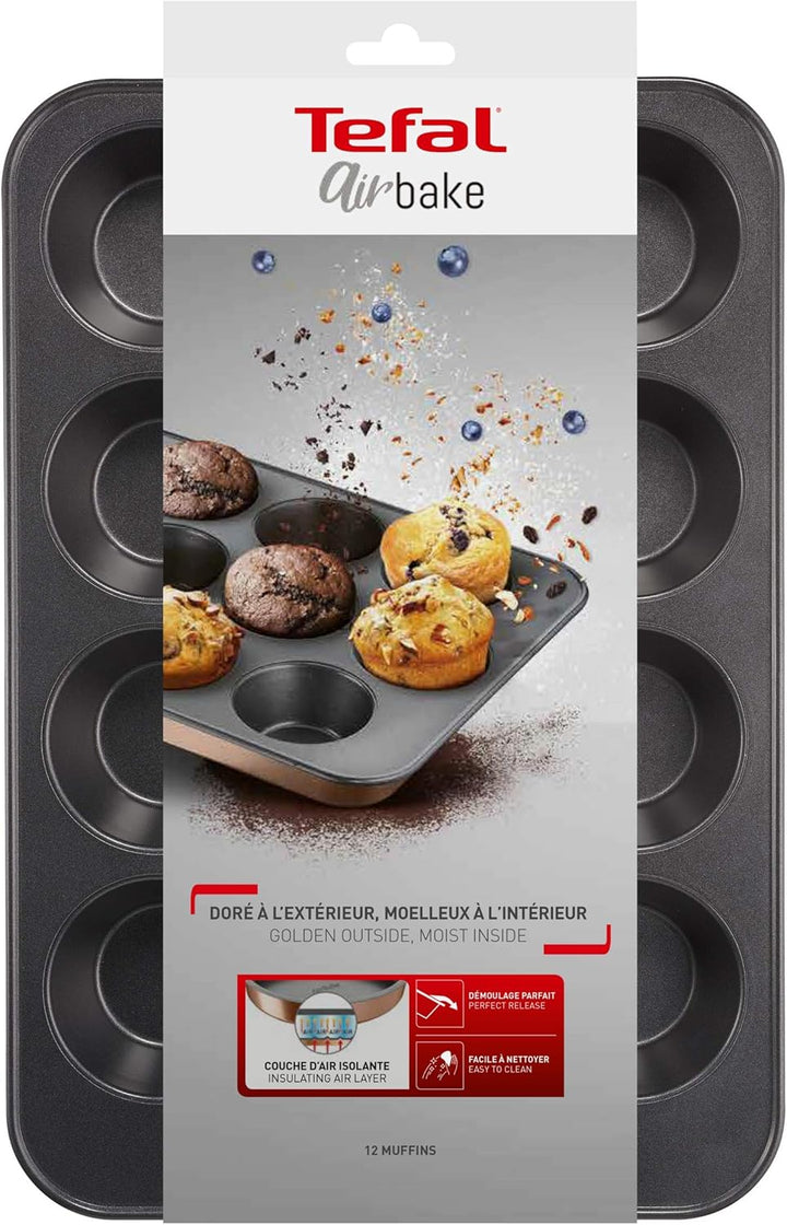 Tefal Airbake J2555014 Muffinform, Antihaftbeschichtung, Karbonstahl, Braun, 29 X 41 Cm